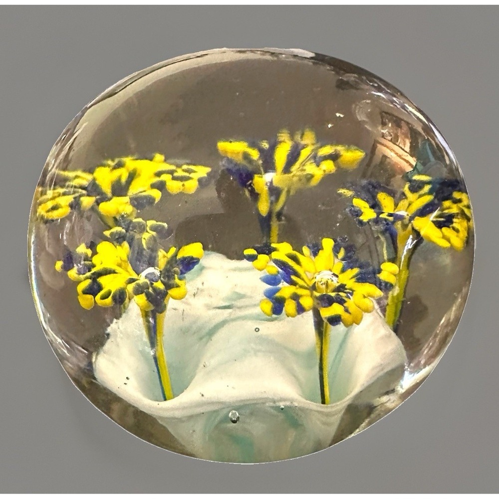 Art Glass Paperweight Fireworks Flowers Blue Yellow Handblown Murano Italy EUC